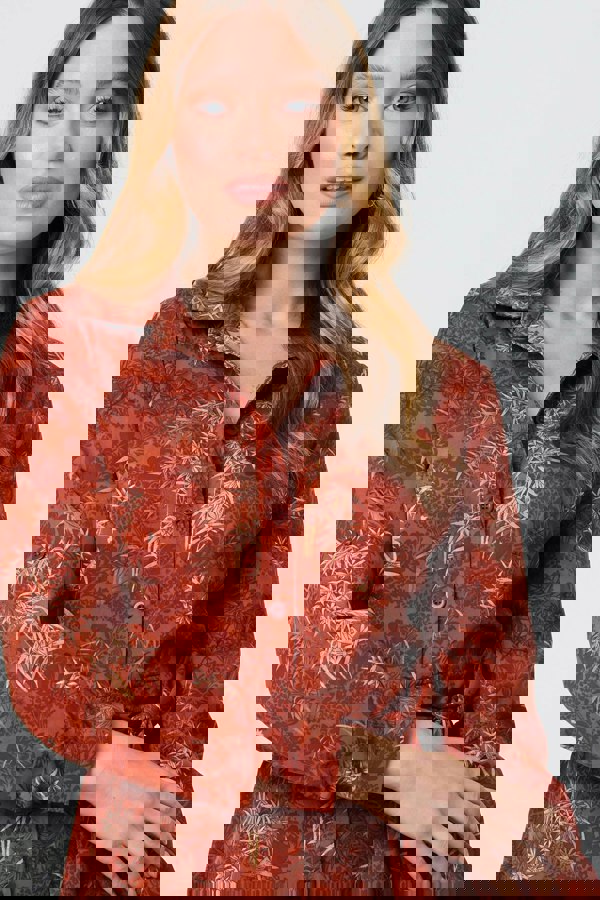 Orange | Leaf Print Tie Waist Midi Shirt Dress
