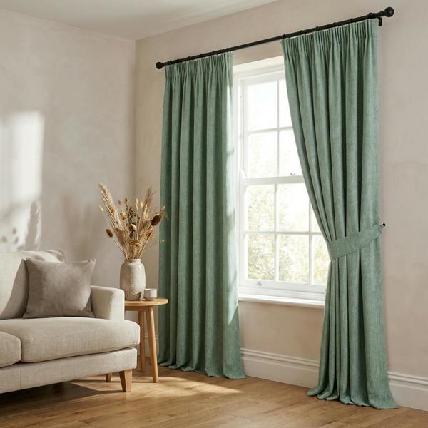 Sevilla made-to-measure curtains in Sea Spray, styled in a living room