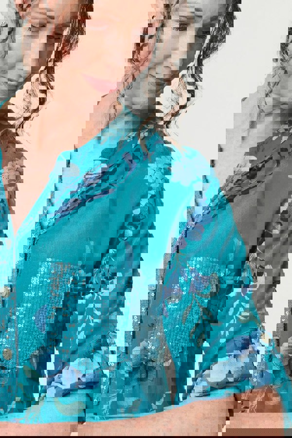 Blue | Floral Sequin Detail 3/4 Sleeve Blouse
