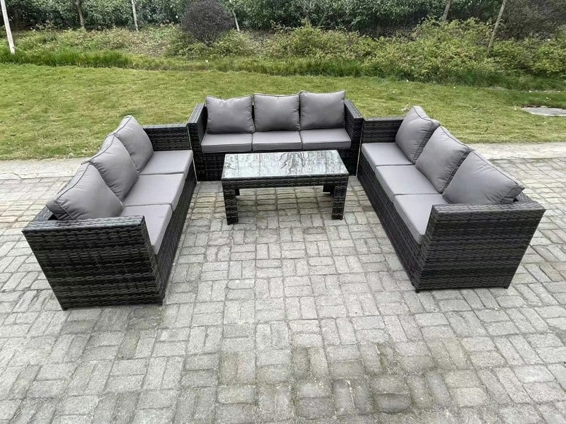 Fimous Outdoor 3 PC Three Seater Ssofa Rattan Garden Furniture Lounge Sofa Set With Oblong Rectagular Coffee Table
