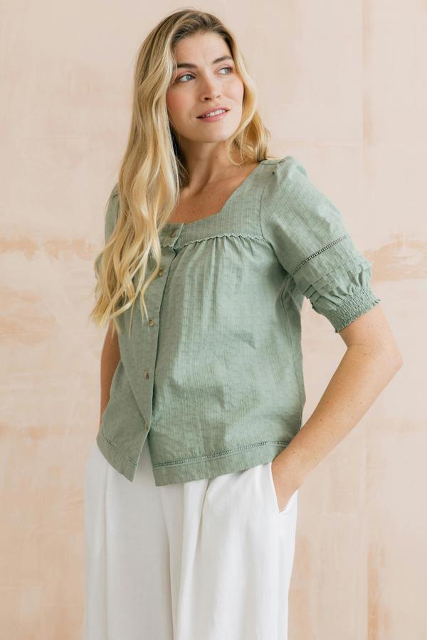 Lily & Me Poppy Plain Cotton Blouse Silver Sage
