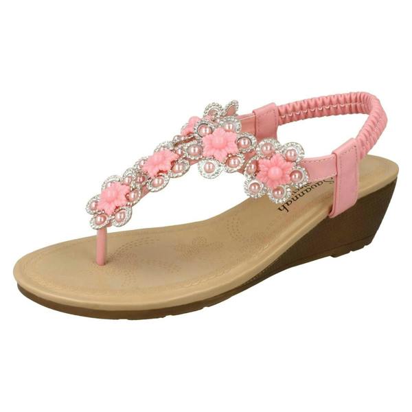 Savannah Ladies Savannah Mid Wedge Toepost Flower Trim Sandals