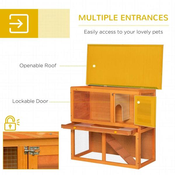 Two-tier wooden rabbit hutch with hinged top and front door, wire mesh enclosure