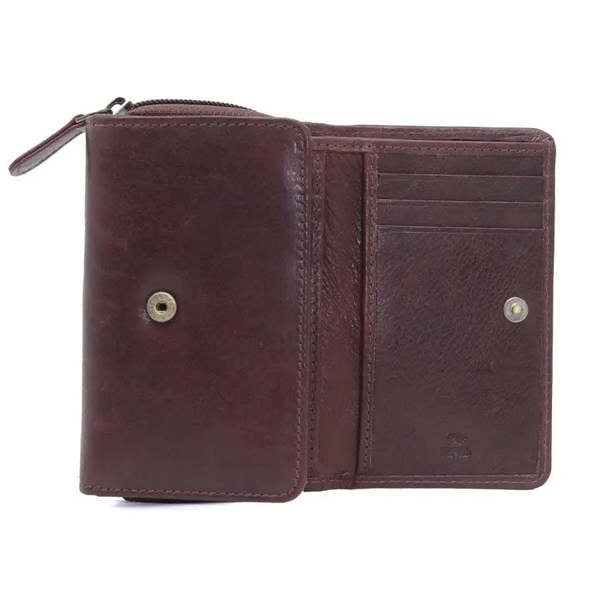 womens rfid veg tan leather trifold purse brown open view