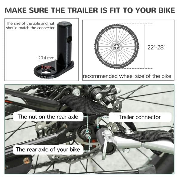 Bike trailer connector and axle nut area with compatibility measurement details