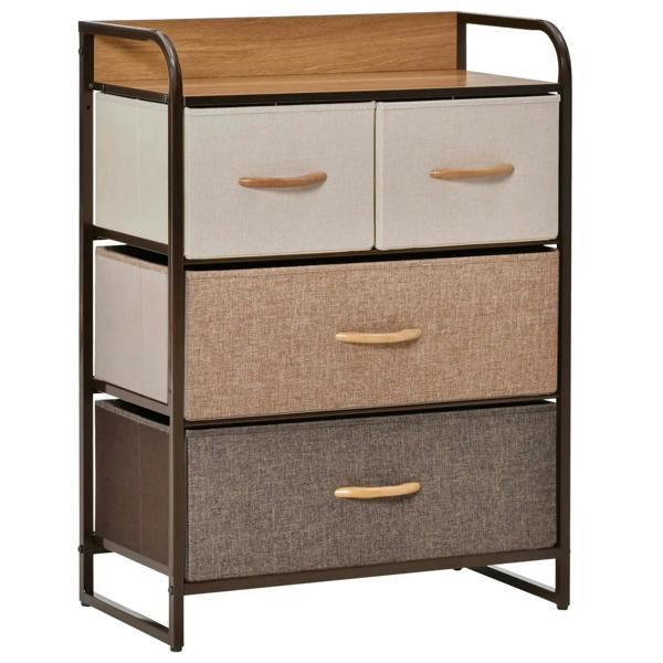 3-tier drawer dresser with wood top, fabric bins, curved wooden handles, metal frame