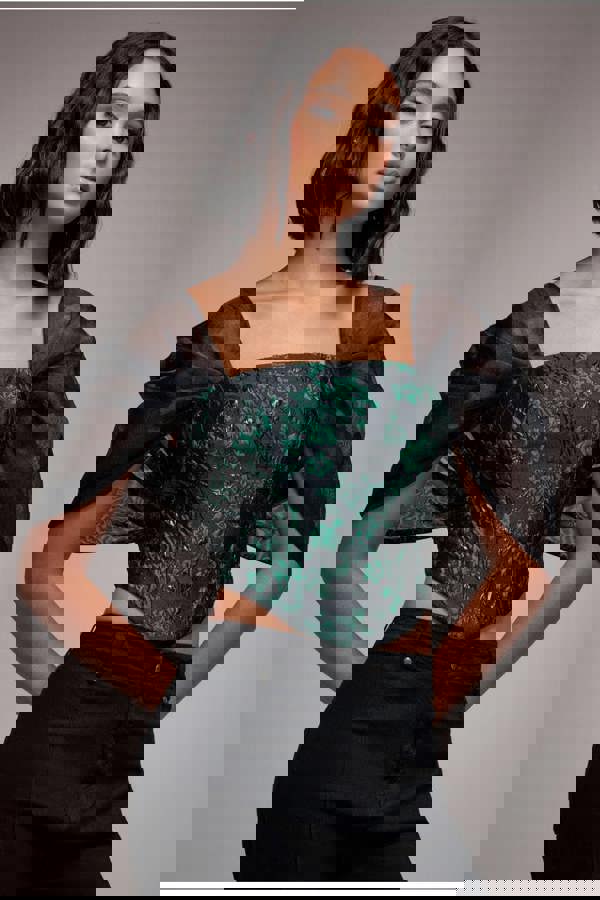 Off Shoulder Jacquard Top With Organza Wings - Emerald Black T231