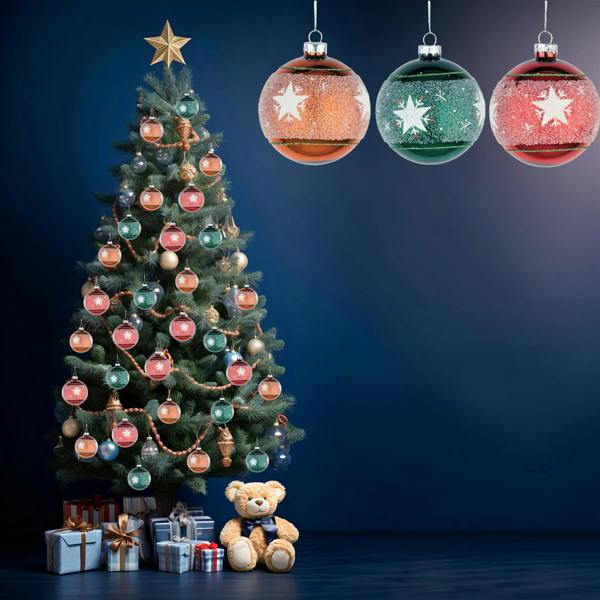 8cm Glass Christmas Baubles 12 Pack in Orange, Green and Red with Mixed Decorative Designs image 2