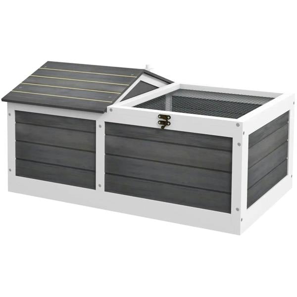 Dark grey wooden small pet reptile shelter with hinged lids and open wire-mesh run