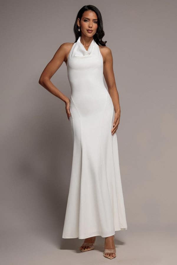 Halterneck Cowl Neck Backless Scuba Crepe Maxi Dress - White DR5148