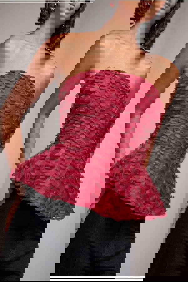 Peplum 3D Textured Boob Tube Lace Up Corset - Burgundy T262