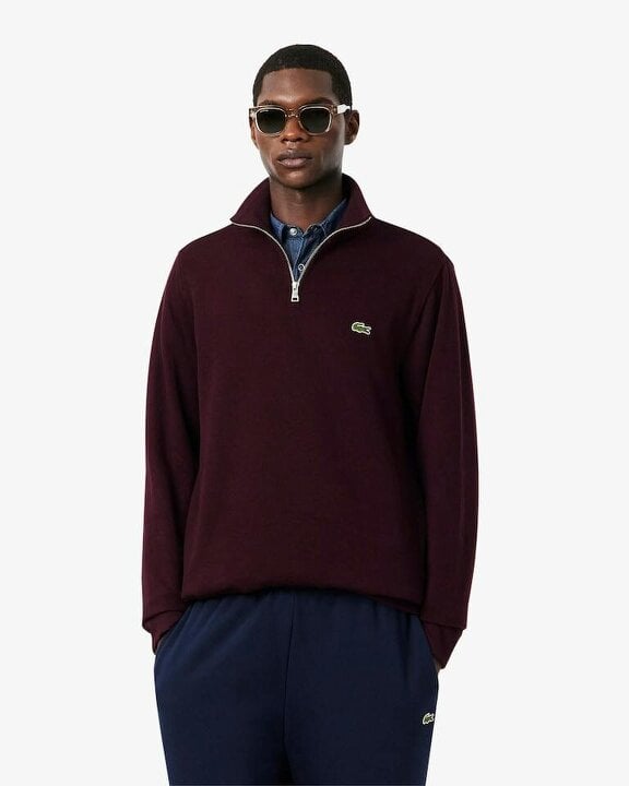 Lacoste Men's Zip-Up High Neck Interlock Sweatshirt - Burgundy