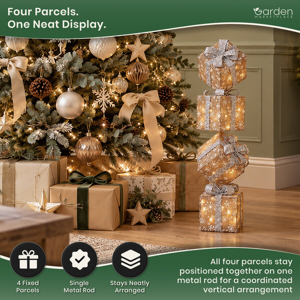Vertical Light Up Christmas Natural Sisal Parcels with Silver Bows, Set of 4 on Metal Rod with 35 White LED Lights, Battery Powered, 86cm Tall