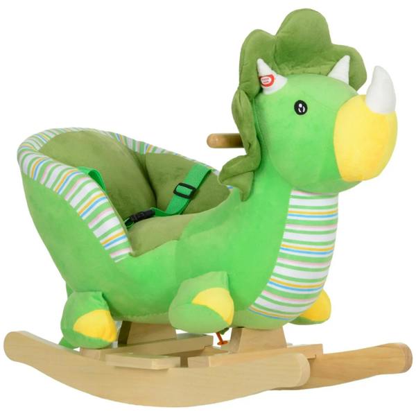 Green plush rocking dinosaur toy with animal sounds, safety belt, and wooden base