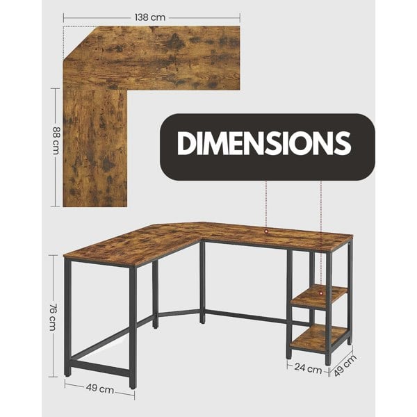 Rafaelo Mobilia Industrial Rustic L-Shaped Writing Desk With Steel Frame