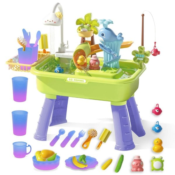 deAO Toys Beach Table & Simulation Kitchen Sink 2-in-1 Toy Set with Water Supply Function Simulation Dishwashing Set