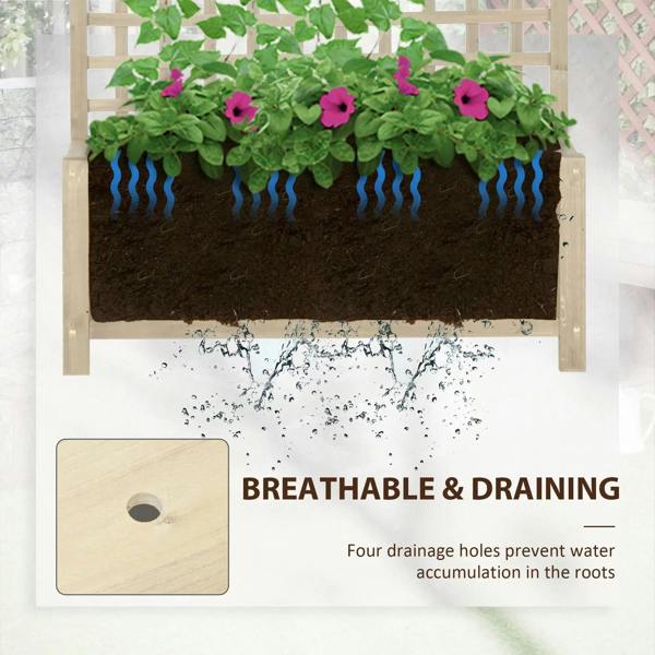 Natural wood raised planter bed interior with soil-filled base and drainage hole view