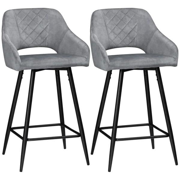 Set of 2 grey velvet counter-height bar stools with diamond-quilted back and cushioned seat
