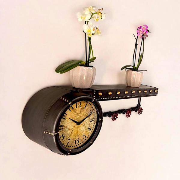 Timeless Grove – Olive Wood Shelf with Clock & Hooks