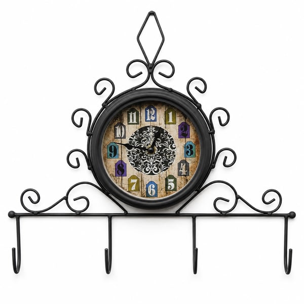 Clock with Coat Hooks, Single-Sided Wall-Mount Design for Indoor or Outdoor Use, Black Metal Finish, 15cm Clock Face