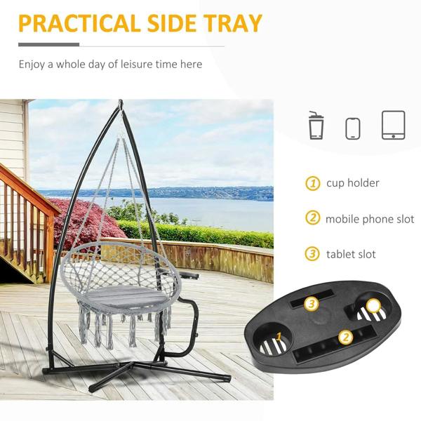 Black metal hanging chair stand with side tray for cup, phone, and tablet storage