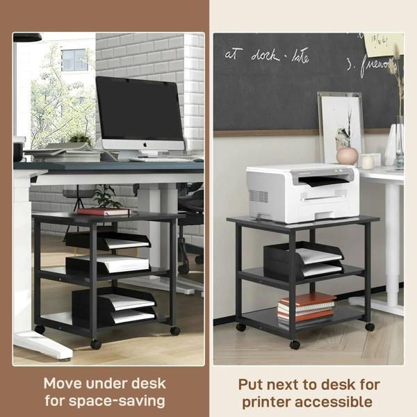 Three-tier black steel printer stand on wheels, compact open shelving for printer