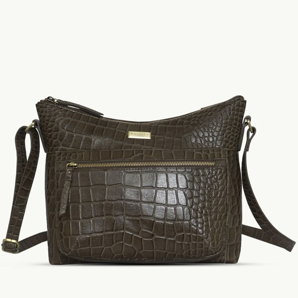 Assots London 'OLGA' Olive Croc Designer Leather Crossbody Shoulder Bag