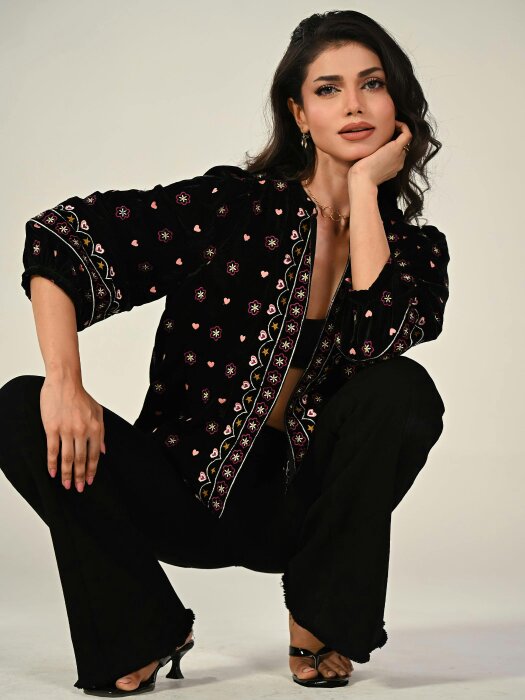Rose & Nancy Florence Green Emboidered Velvet Jacket