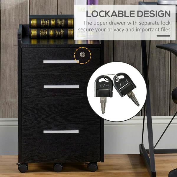 Black lockable filing cabinet front with keyhole and three drawers on caster wheels