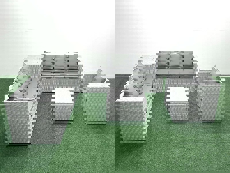 Fimous Wicker PE Rattan Sofa Garden Furniture Set with Armchair Square Coffee Table Side Table Light Grey Mixed