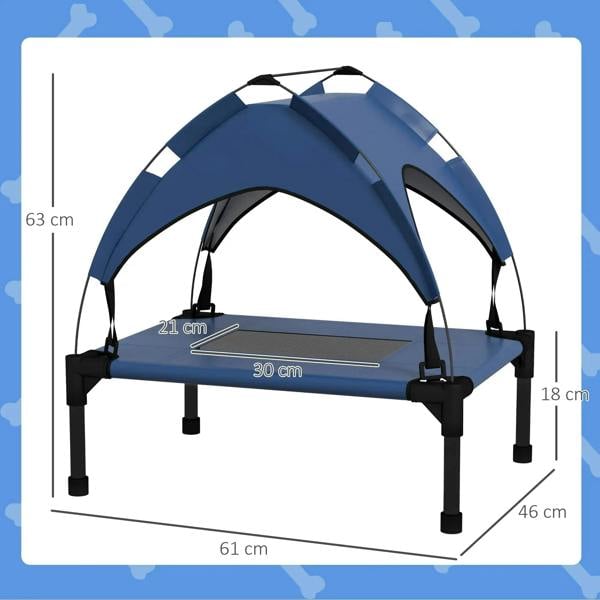 Dark blue raised pet bed dimensions shown: 61 cm long, 46 cm wide, 63 cm high