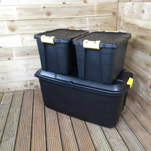 Samuel Alexander 1 x 145L AND 2 x 60L Heavy Duty Trunks 1 on Wheels Sturdy, Lockable, Stackable and Nestable Design Storage Chest with Clips in Black