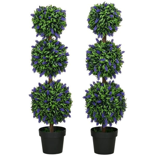 Set of 2 artificial lavender topiary ball trees in black pots, green leaves and purple blooms