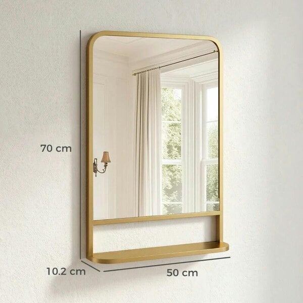 Bobobiy Modern Rectangular Wall Mirror with Storage Shelf, 70 x 50 cm, Gold Tone