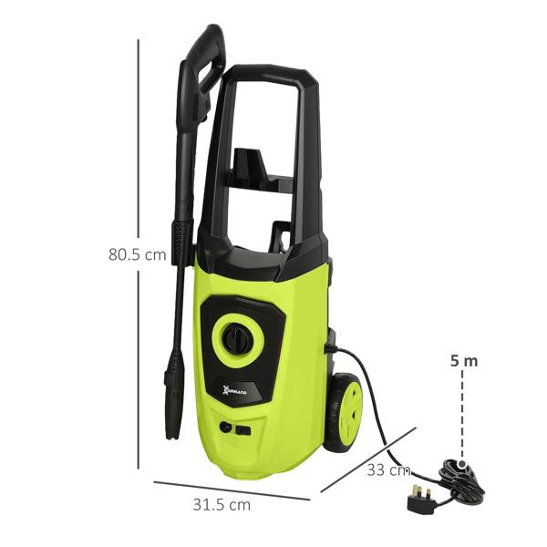Green and black pressure washer with spray gun and bundled power cord