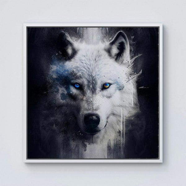 Warren Reed White Wolf Face Splash Art Dark Backgrouns Framed Canvas