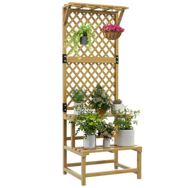 Natural wood plant stand with trellis and 2-tier shelf for potted plants