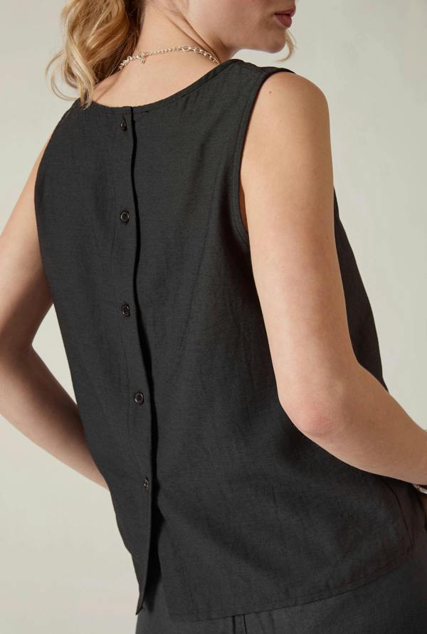 James Lakeland Black Linen Blend Sleeveless Button-Back Top