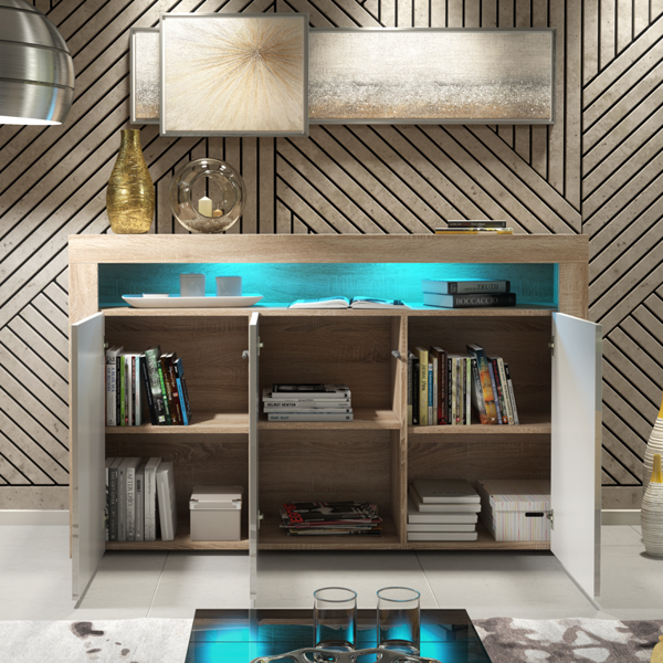 Mex Furniture 155cm Sideboard TV Stand Cupboard Cabinet - White High Gloss Doors & Free LED