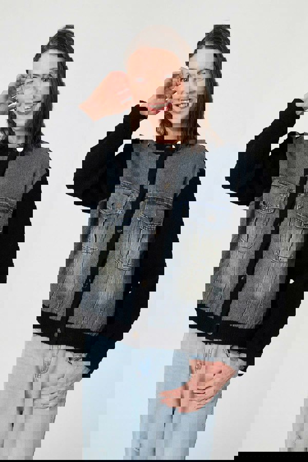 Black | Denim Contrast Texture Boxy Jacket
