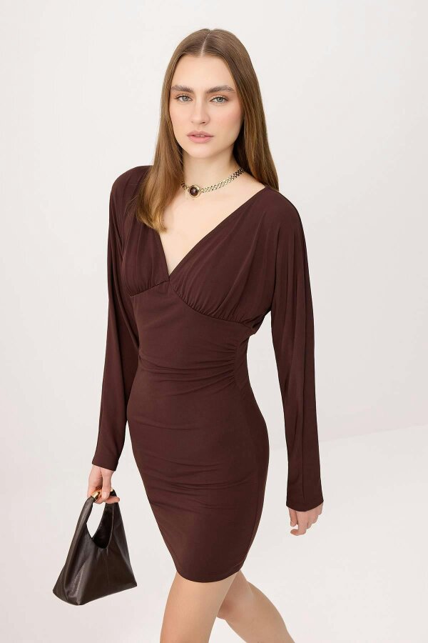 WOVCOR V Neck Long Sleeve Ruched Mini Bodycon Dress