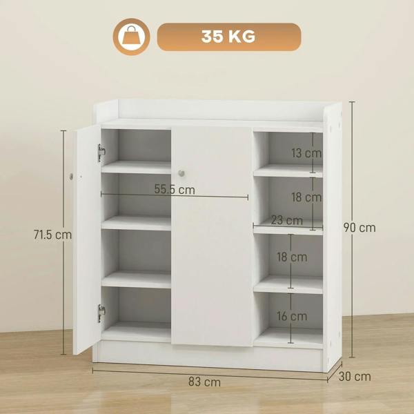 White 2-door shoe storage cabinet with adjustable shelves, side dimensions shown.