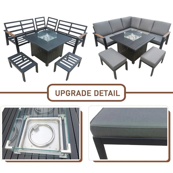 Furniture One Garden Furniture 7 Seater Set, Aluminium Patio Corner Sofa with Firepit Table, Stools & Soft Cushions