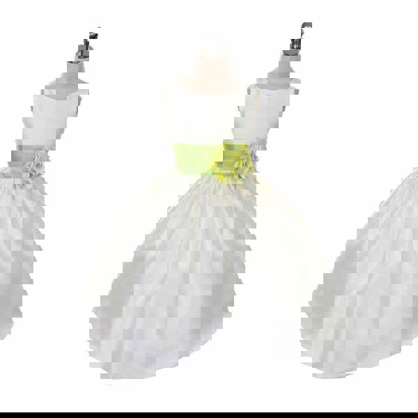 Morgan dress in white with green sash on mannequin