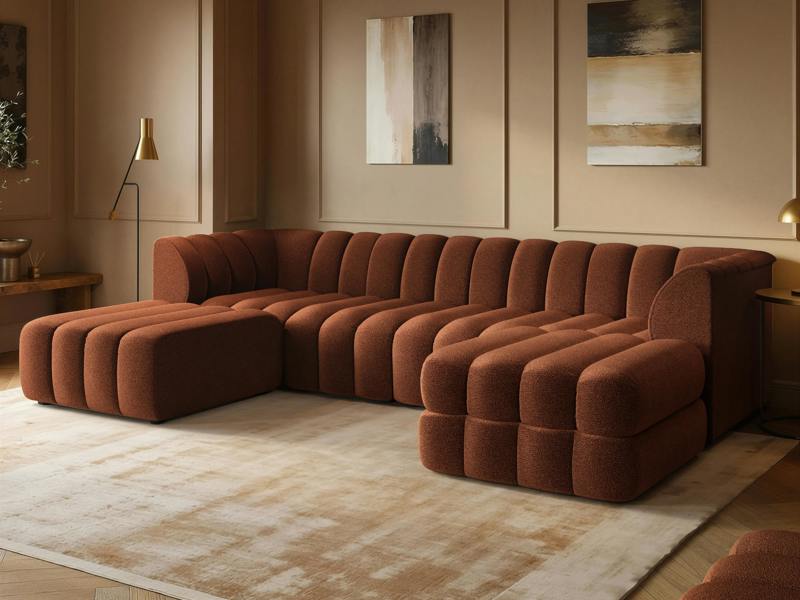 SOLACE+CO Halle Channel Tufted U Shaped Modular Sofa with Storage Footstool Burnt Orange Chenille