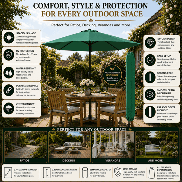 GlamHaus Garden Parasol Table Umbrella 2.7M with Crank Handle, UV40 Protection, Includes Protection Cover, Robust Steel - Green