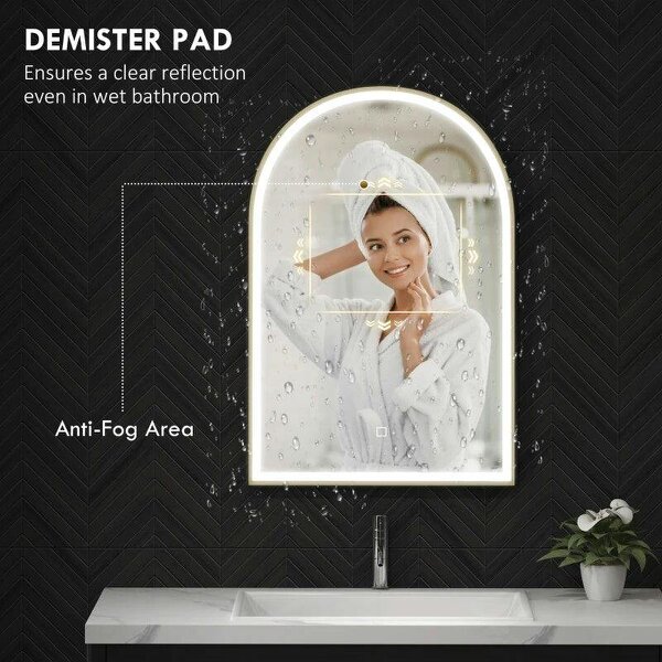 Bobobiy 90 x 60 cm Bathroom Mirror with LED Lights, Anti-Fog Arched Vanity Mirror with 3 Colour Dimmable, Gold Tone