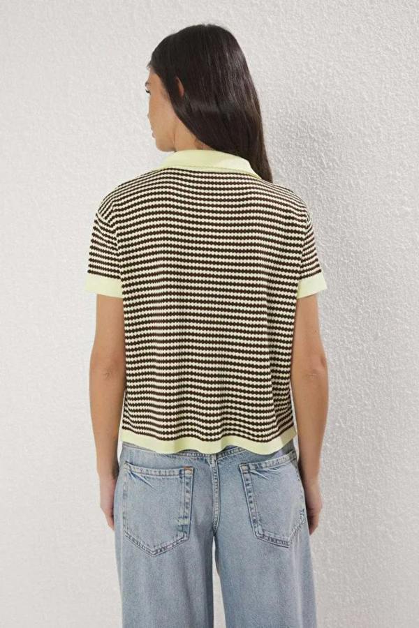 Hoxton Gal Striped Polo Neck Knit Mid-Length Blouse