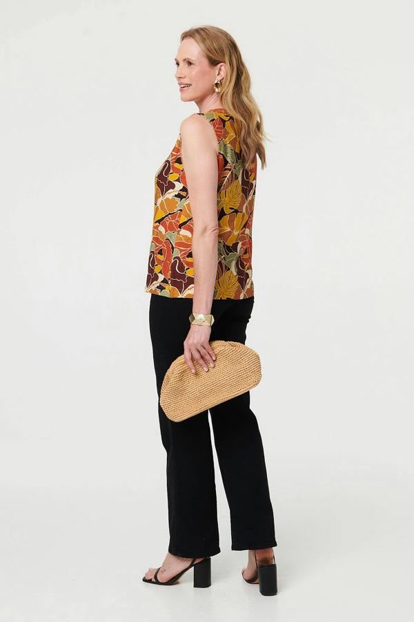 Orange | Leaf Print Sleeveless Buttoned Vest Top