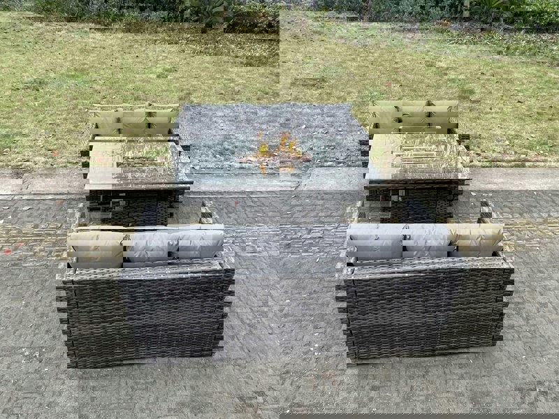 Fimous 6 Seater Outdoor PE Rattan Garden Furniture Gas Fire Pit Dining Table Set Lounge Sofa Three Seater Sofa Dark Grey Mixed Patio